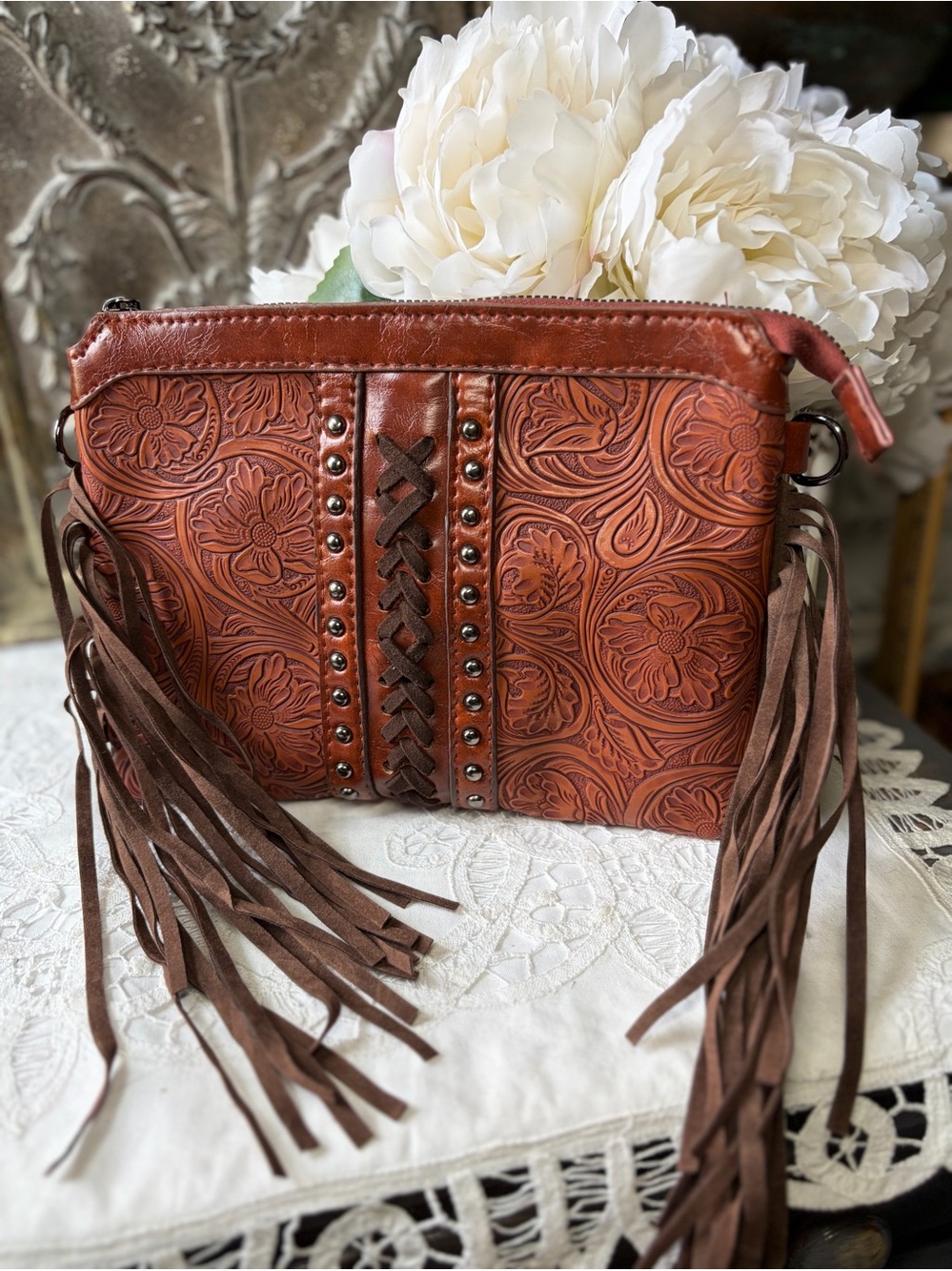 Brown embossed floral vegan leather small crossbody bag
